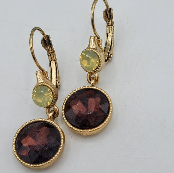 Vintage Jewelry - Gold Tone Dangle Earrings Garnet Red & Yellow Rhinestone Bezel Leverback Vintage